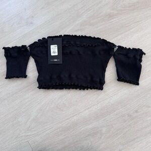 NWT Fashion Nova Black Ribbed Cutout Top Size S Stretch Cropped Sleeve